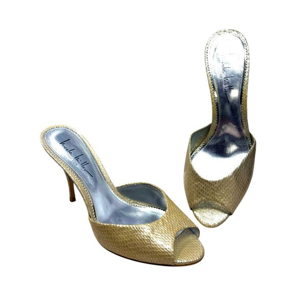 Nicole Miller Winfred Champagne Embossed Leather Open Toe Stiletto Mules - Picture 11 of 11